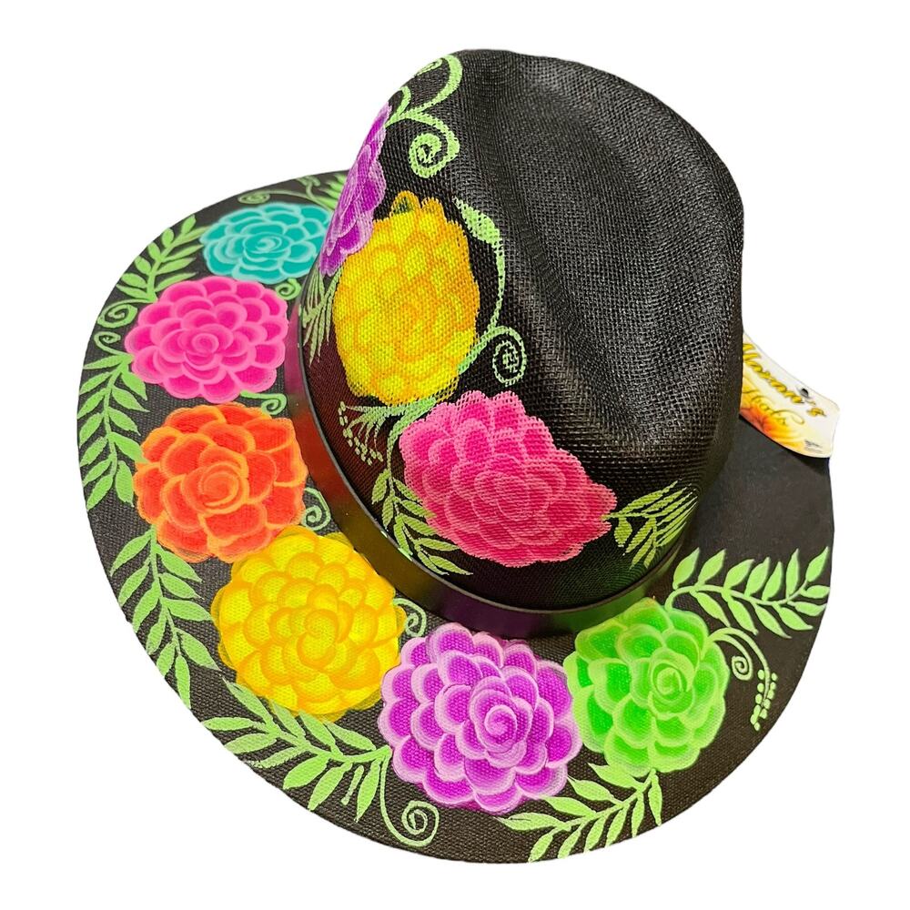 HAT MEXICAN Artisanal Hand Painted Fedora Floral Sombrero Panama Bohemian Black - Picture 9 of 9